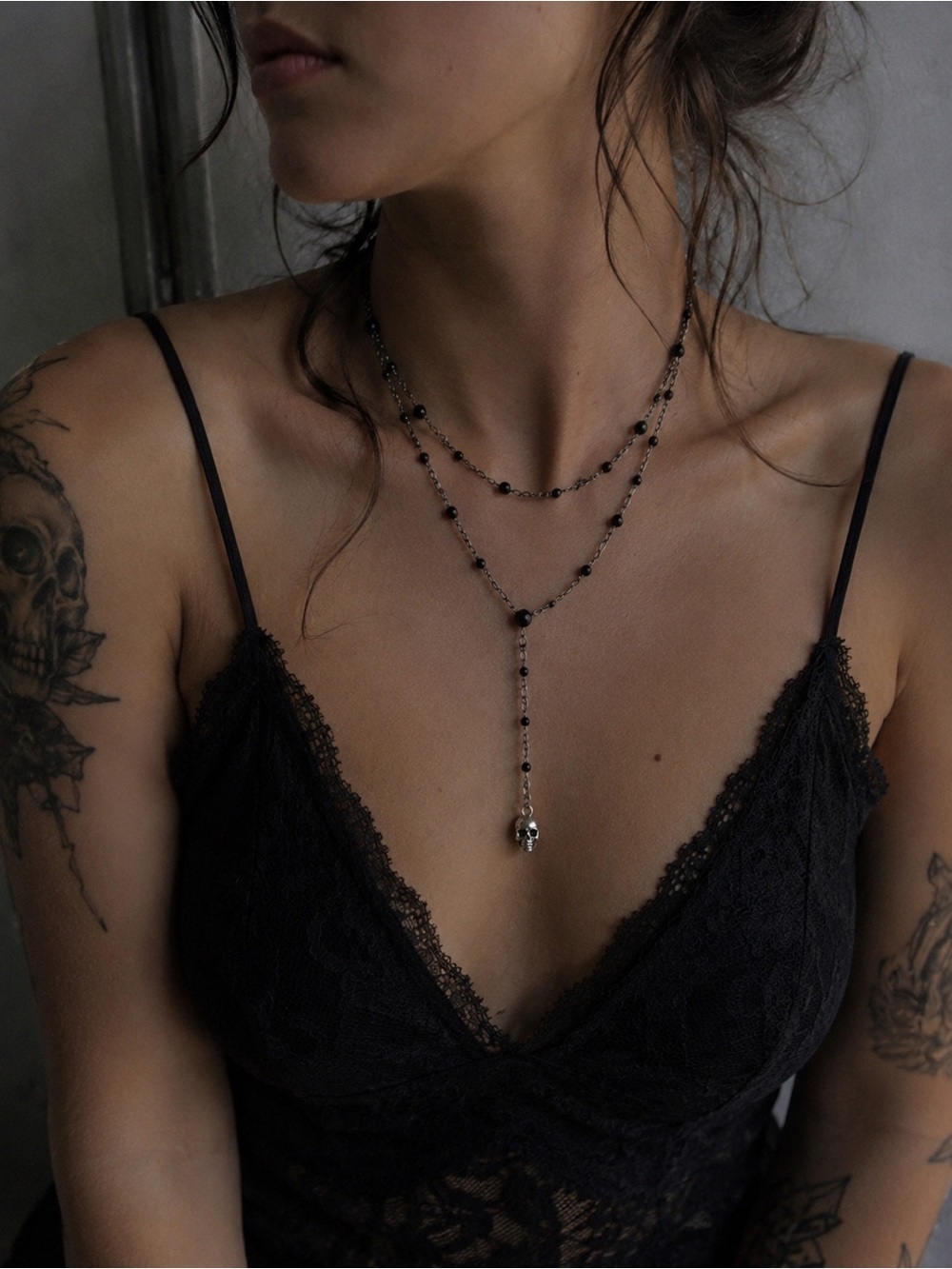 Black onyx sterling silver skull necklace - Elegant nightmares